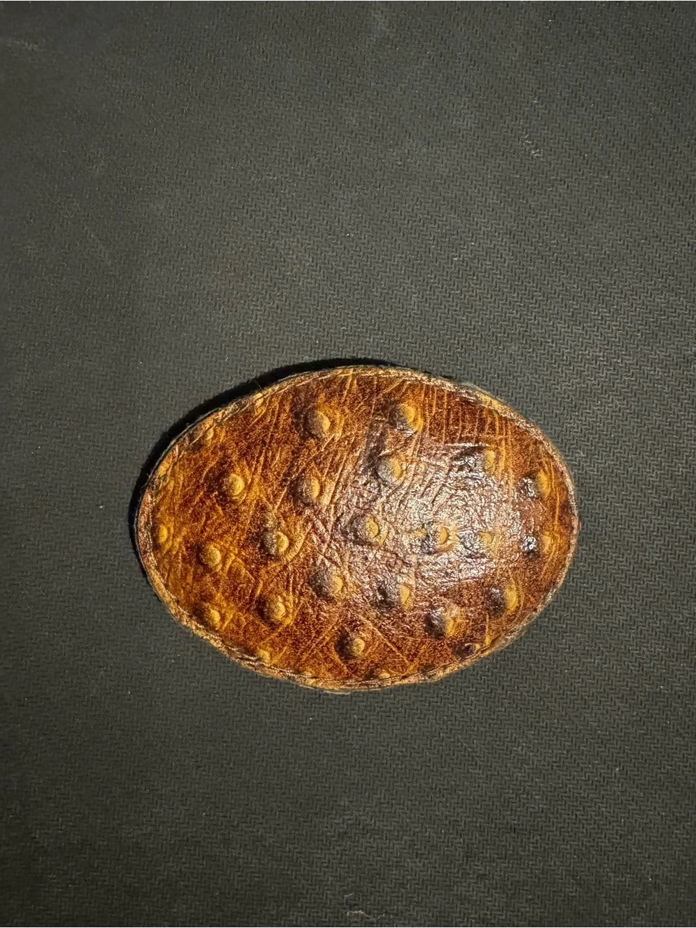Vintage brown ostrich leather oval western belt buckle